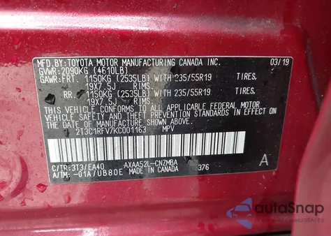 2019 Toyota Rav4 Xle Premium from USA, damaged, VIN 2T3C1RFV7KC001163